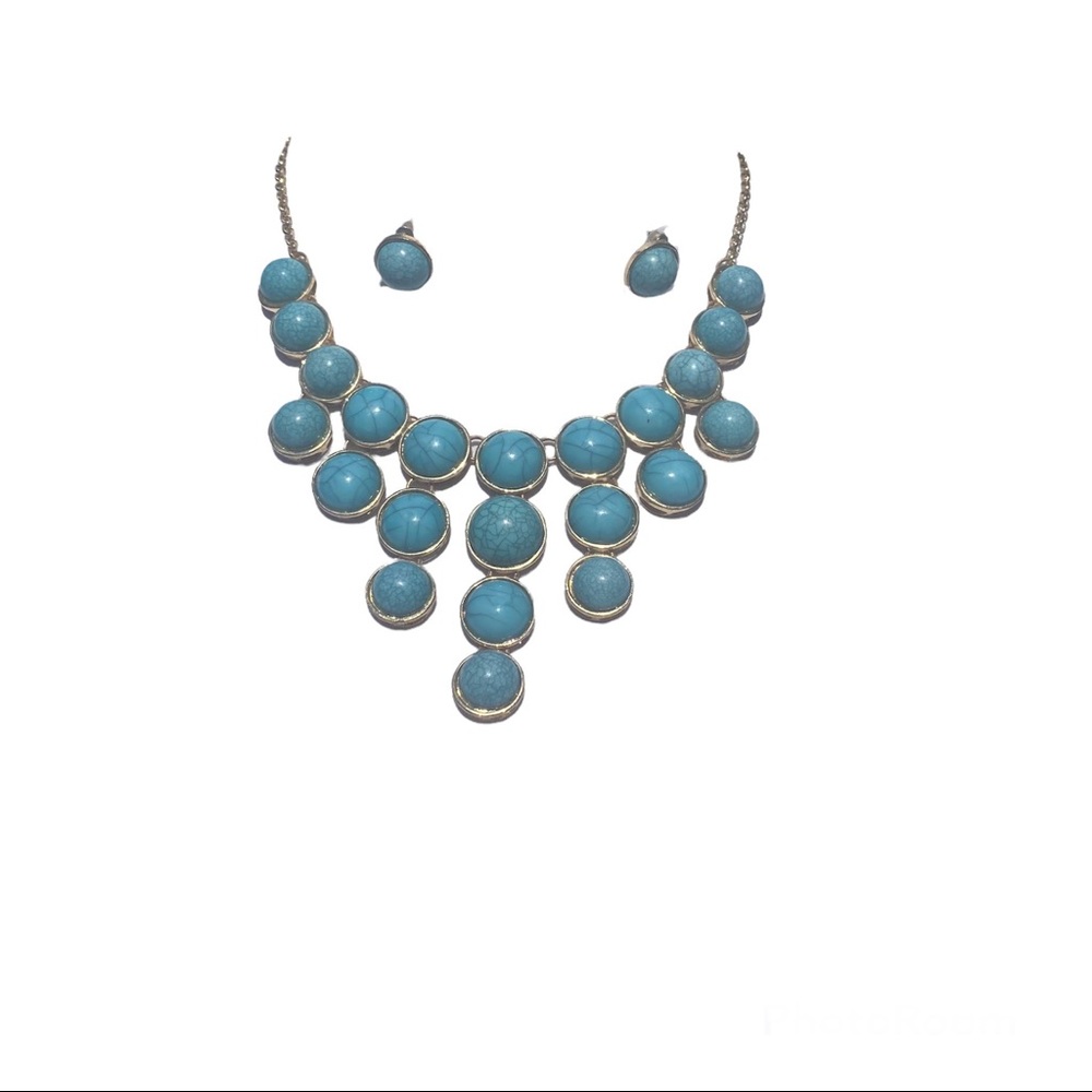 Faux Turquoise and Gold Statement Necklace with Matching earrings